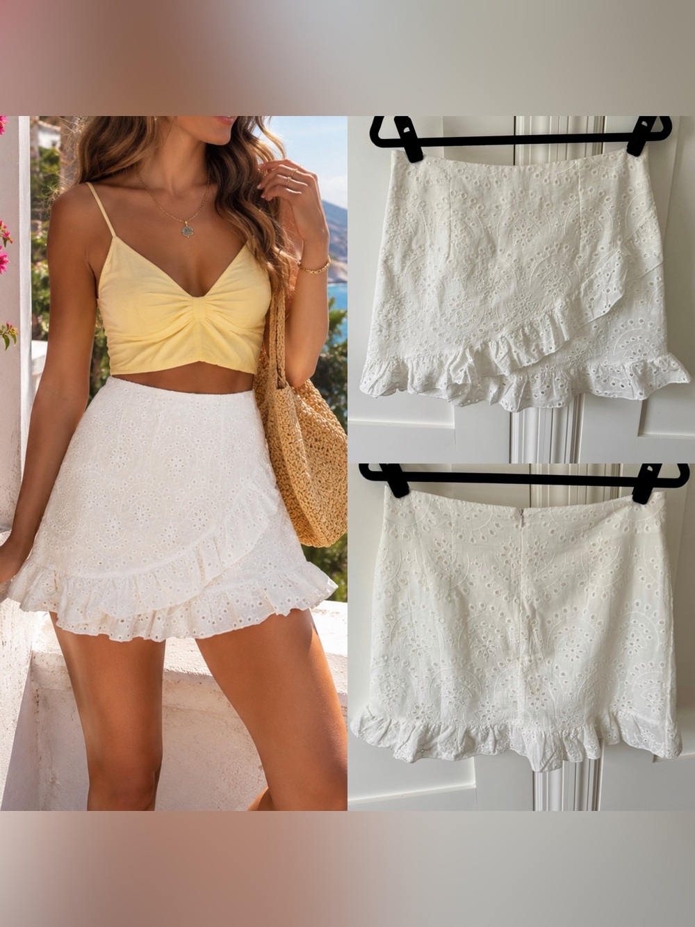 Eyelet Embroidered Ruffle Faux Wrap Mini Skort White Sz L